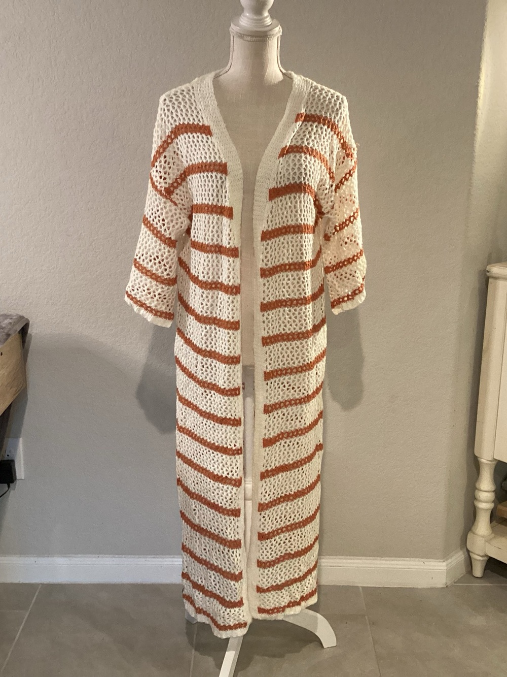 Open Crochet Maxi Cardigan in Cream and Rust